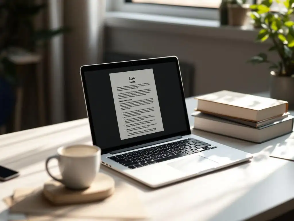 Moderne advocatenwerkplek met laptop met juridische documenten, wetboeken en koffiekop in natuurlijk licht