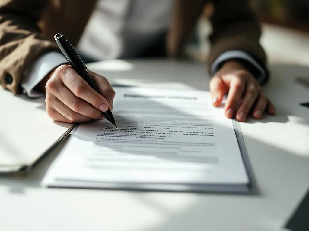 Professionele handen bekijken arbeidscontract op wit bureau met pen, natuurlijk licht door raam