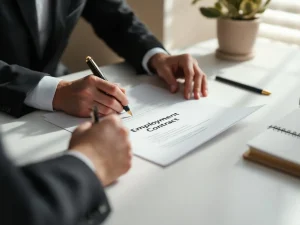 Professionele handen bekijken arbeidscontract op wit bureau met vulpen, natuurlijk licht vanuit raam