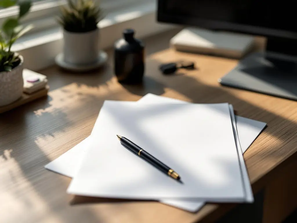 Wit arbeidscontract op georganiseerd bureau met pen en kalender, professionele kantooromgeving met natuurlijk licht