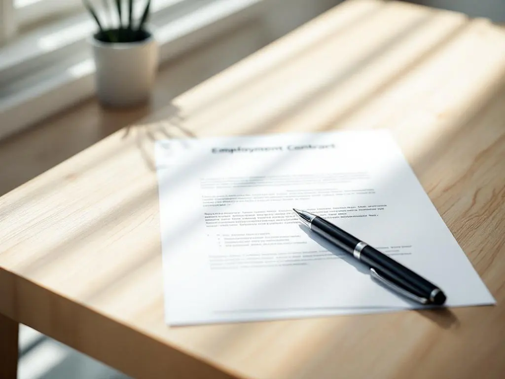 Open arbeidscontract op houten bureau met zwarte pen, natuurlijk licht vanuit raam, professionele kantooromgeving