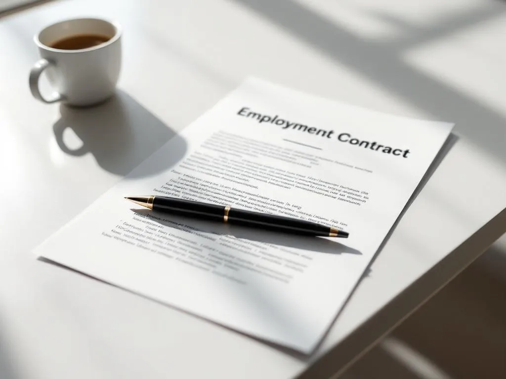 Open arbeidscontract op modern bureau met zwarte pen, natuurlijk licht vanuit raam, professionele kantooromgeving