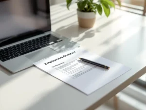 Arbeidscontract op modern bureau naast laptop met onboarding checklist, pen en natuurlijk licht door raam