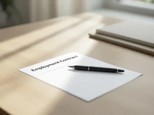 Arbeidscontract op houten bureau met zwarte pen, natuurlijk licht vanuit raam, minimalistische kantooromgeving