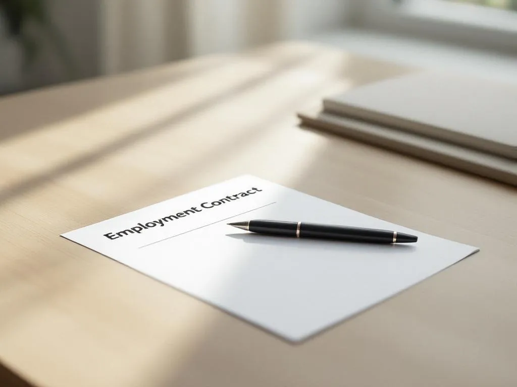 Arbeidscontract op houten bureau met zwarte pen, natuurlijk licht vanuit raam, minimalistische kantooromgeving