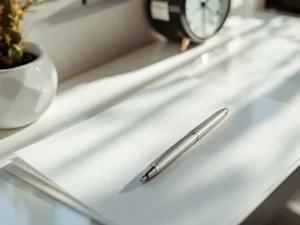 Arbeidscontract op wit bureau met zilveren pen, klok op achtergrond, natuurlijk daglicht, professionele sfeer