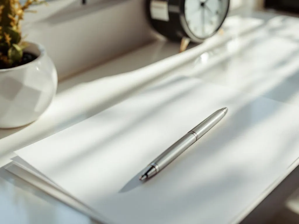 Arbeidscontract op wit bureau met zilveren pen, klok op achtergrond, natuurlijk daglicht, professionele sfeer