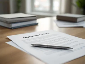 Open arbeidscontract met zilveren pen op houten bureau, juridische documenten op achtergrond, kantooromgeving