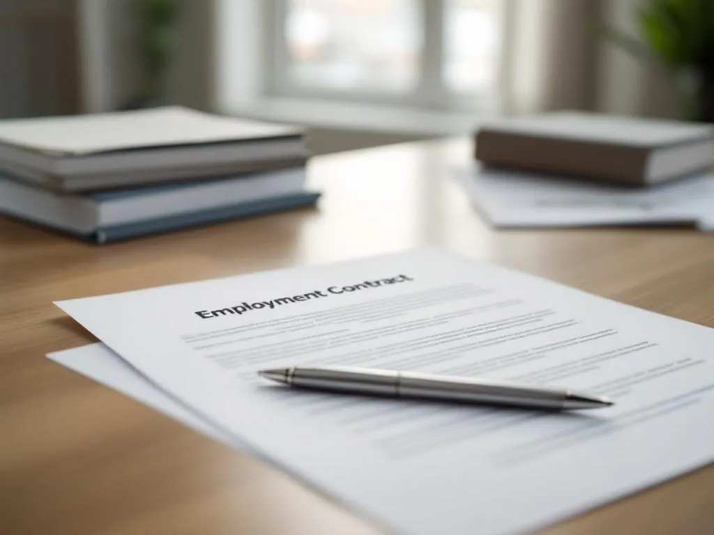 Open arbeidscontract met zilveren pen op houten bureau, juridische documenten op achtergrond, kantooromgeving