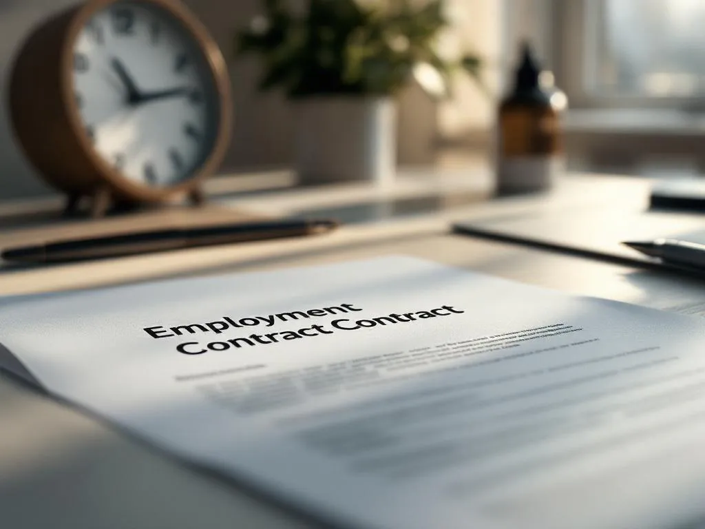 Open arbeidscontract op moderne bureautafel met zilveren pen, avondklok op achtergrond, natuurlijk licht