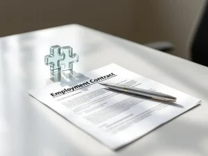 Arbeidscontract op wit bureau met glazen presse-papier en zilveren pen in minimalistisch kantoor