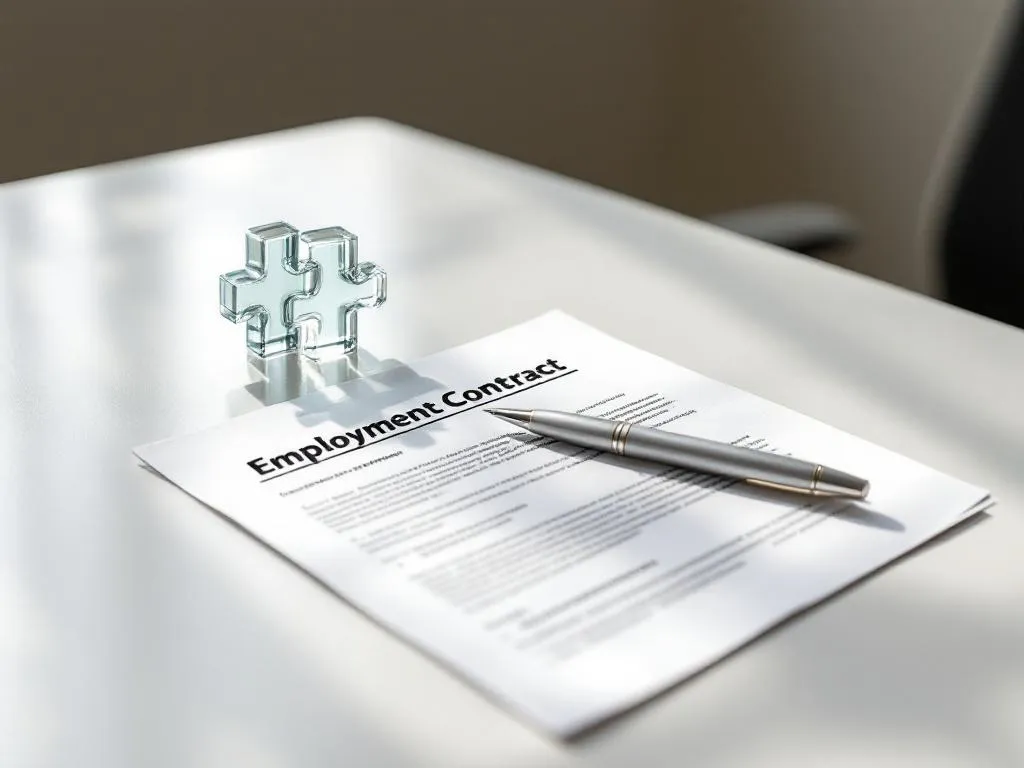 Arbeidscontract op wit bureau met glazen presse-papier en zilveren pen in minimalistisch kantoor