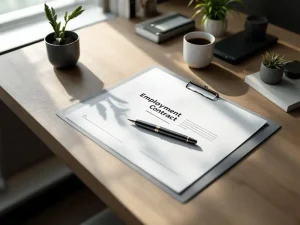 Arbeidscontract document op moderne kantoorbureau met pen, zachte verlichting en professionele werkruimte