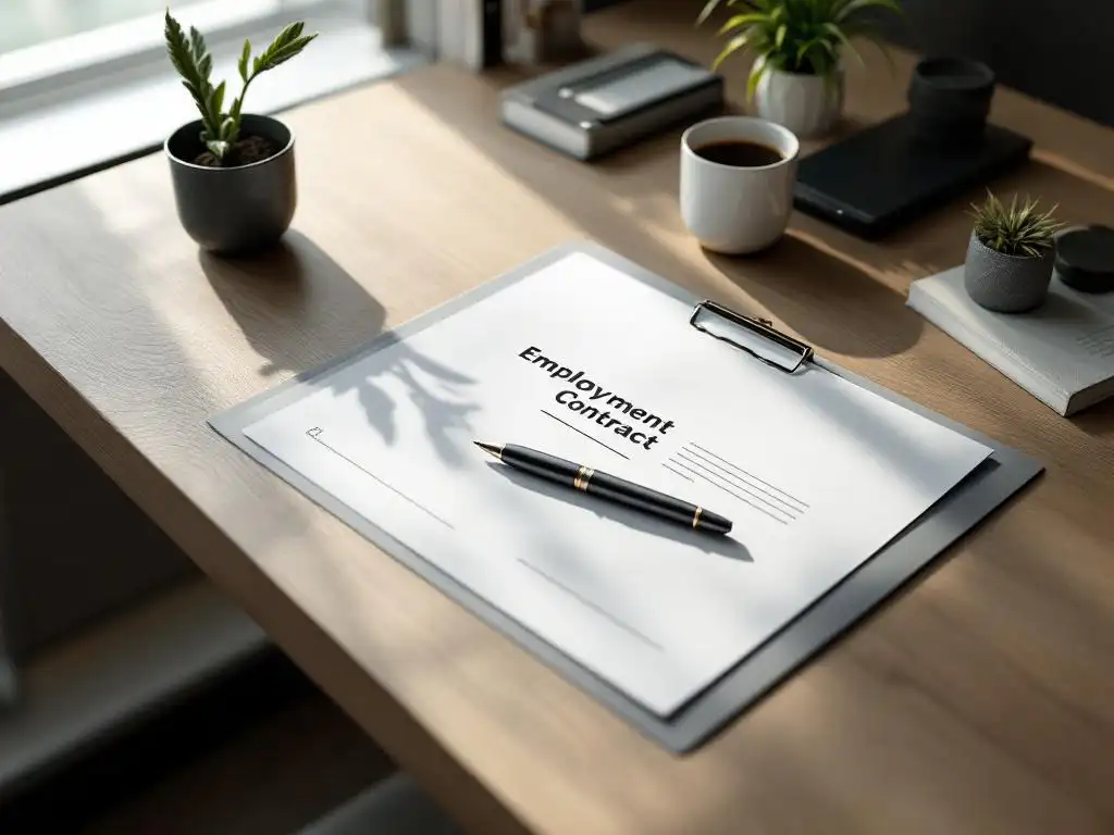 Arbeidscontract document op moderne kantoorbureau met pen, zachte verlichting en professionele werkruimte