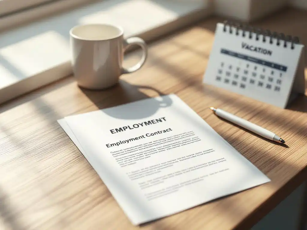 Open arbeidscontract op houten bureau met pen, kalender met gemarkeerde vakantiedagen, natuurlijk licht door raam