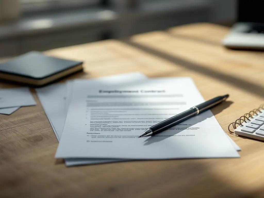 Arbeidscontract op houten bureau met zwarte pen, natuurlijk licht, professionele kantooromgeving