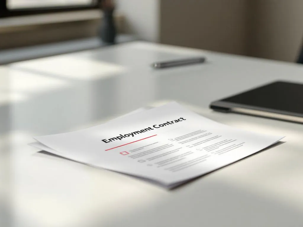 Open arbeidscontract op witte bureau met zilveren pen, rode correctie zichtbaar, natuurlijk licht, kantooromgeving