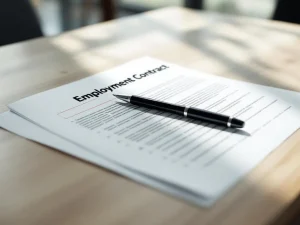 Openliggend arbeidscontract op houten bureau met pen en rode correcties, professionele kantooromgeving met natuurlijk licht