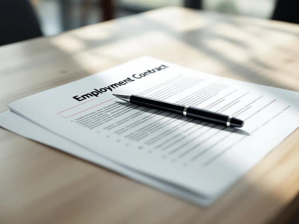 Openliggend arbeidscontract op houten bureau met pen en rode correcties, professionele kantooromgeving met natuurlijk licht