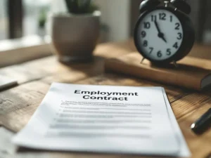 Open arbeidscontract op houten bureau met zilveren pen, klok op achtergrond toont einde werkdag, natuurlijk licht