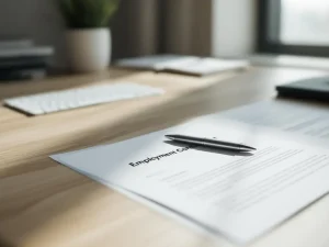 Arbeidscontract document op houten bureau met zilveren pen, natuurlijk licht, professionele kantooromgeving