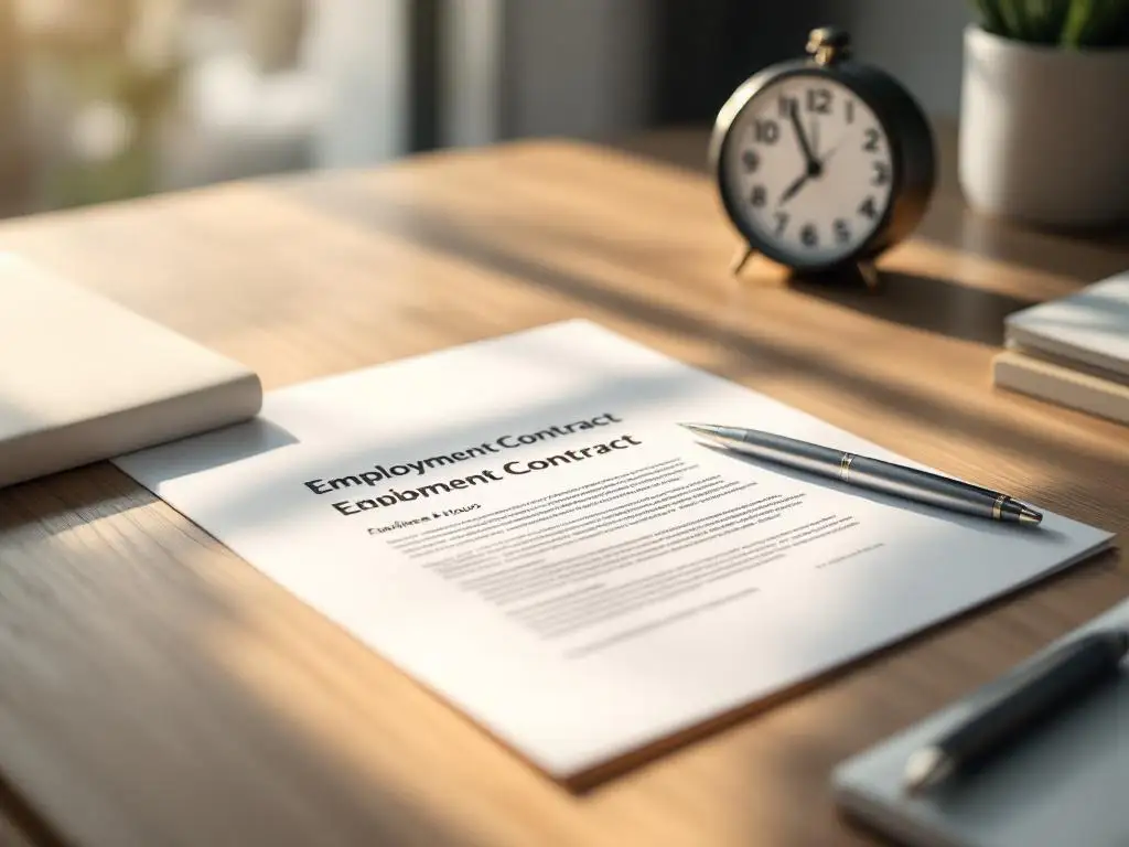 Open arbeidscontract op houten bureau met zilveren pen en klok op achtergrond in professionele kantooromgeving