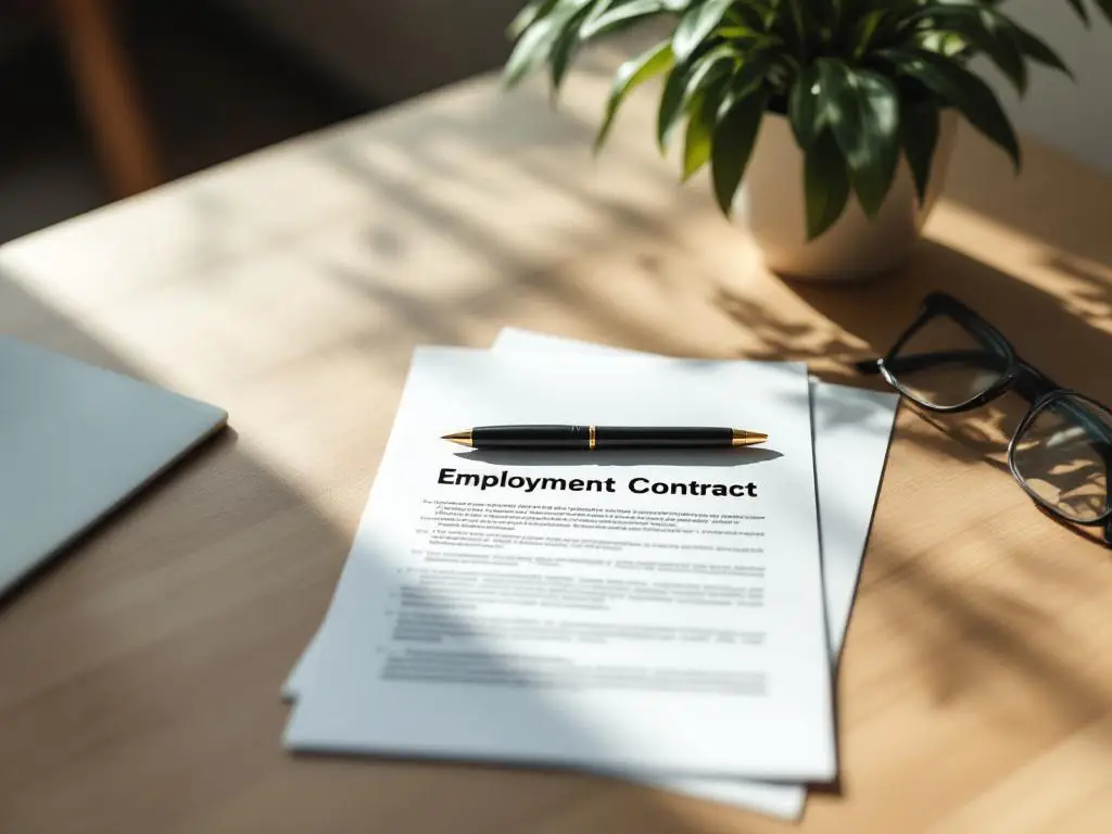 Arbeidscontract op houten bureau met zwarte pen, natuurlijk licht, minimalistische kantooromgeving