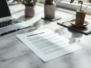 Arbeidscontract op modern bureau met pen, natuurlijk licht door raam, professionele kantooromgeving