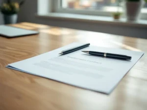 Open arbeidscontract op houten bureau met zwarte pen, natuurlijk licht, professionele kantooromgeving