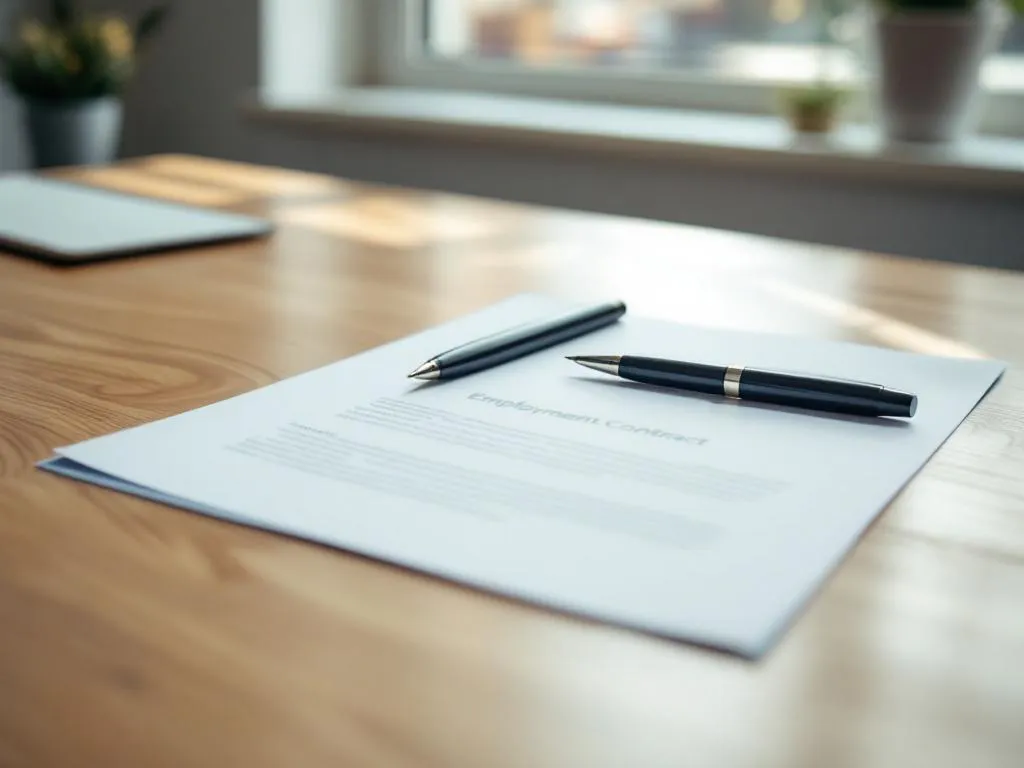 Open arbeidscontract op houten bureau met zwarte pen, natuurlijk licht, professionele kantooromgeving