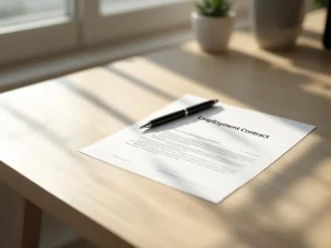 Arbeidscontract met zwarte pen op houten bureau in professionele kantooromgeving met natuurlijk licht