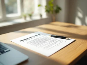 Open arbeidscontract op houten bureau met zwarte pen, natuurlijk licht, professionele kantooromgeving