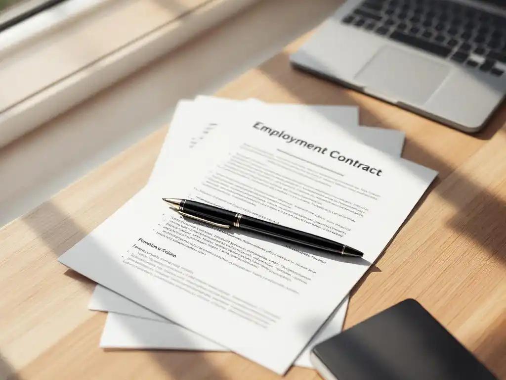 Open arbeidscontract op houten bureau met zwarte pen, natuurlijk licht vanuit raam, minimale kantooromgeving