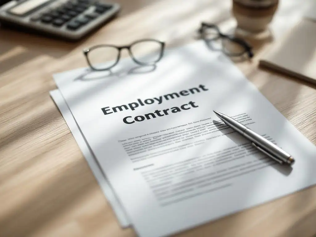 Open arbeidscontract op houten bureau met zilveren pen, calculator en leesbril in natuurlijk licht