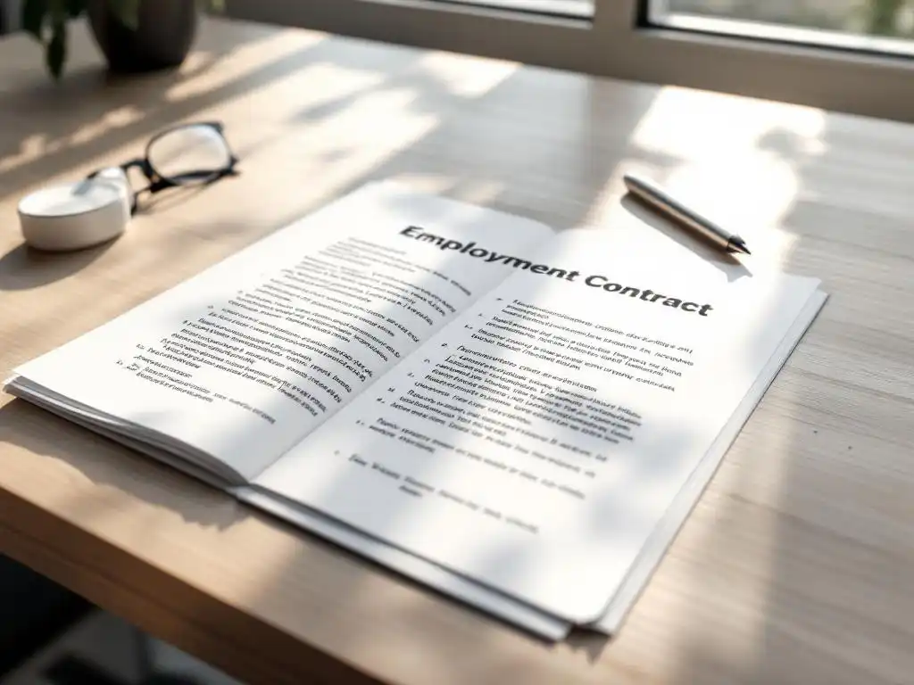 Open arbeidscontract op houten bureau met zilveren pen, natuurlijk licht, professionele kantooromgeving