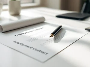 Open arbeidscontract op wit bureau met zwarte vulpen, professionele kantooromgeving met natuurlijk licht