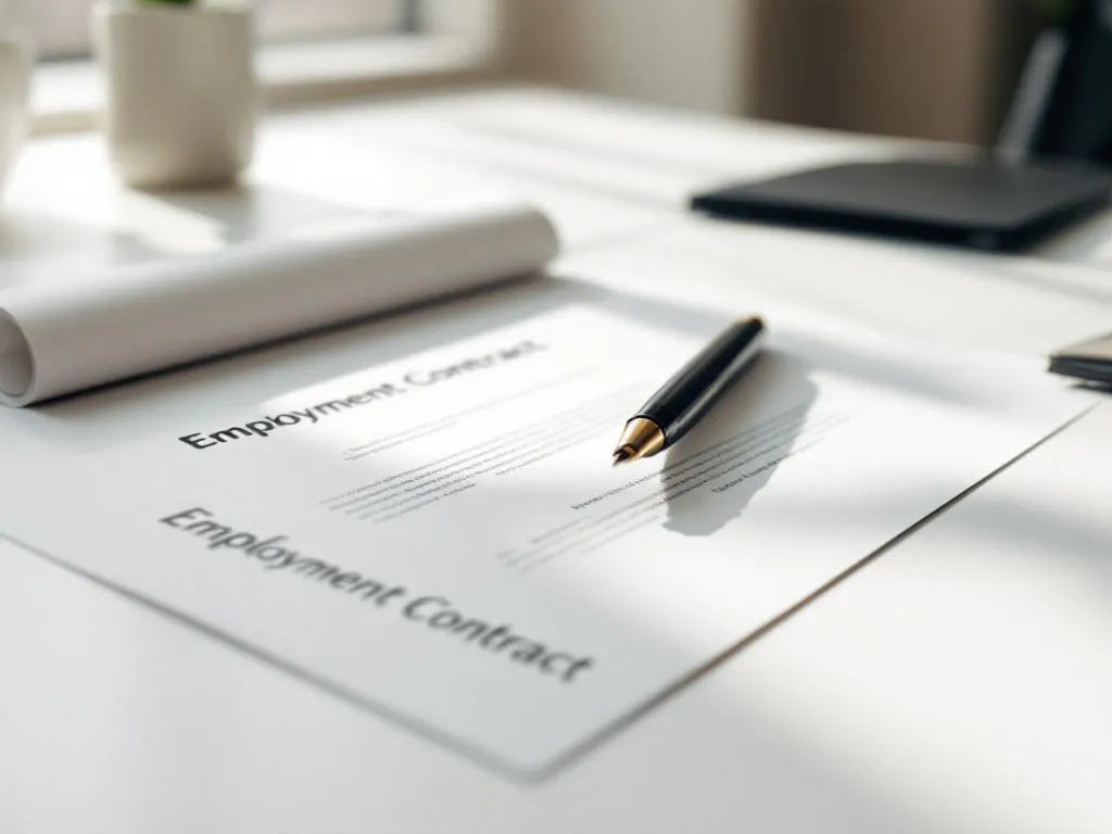 Open arbeidscontract op wit bureau met zwarte vulpen, professionele kantooromgeving met natuurlijk licht