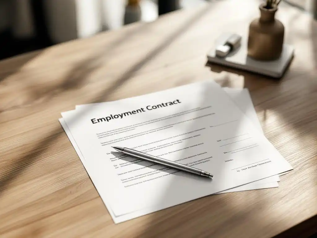 Arbeidscontract op houten bureau met zilveren pen, natuurlijk licht, professionele kantooromgeving