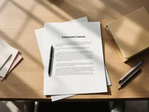 Arbeidscontract op houten bureau met pen, collectieve arbeidsovereenkomst map eronder, natuurlijk licht