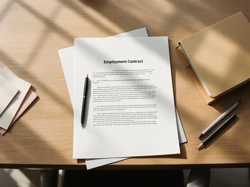 Arbeidscontract op houten bureau met pen, collectieve arbeidsovereenkomst map eronder, natuurlijk licht