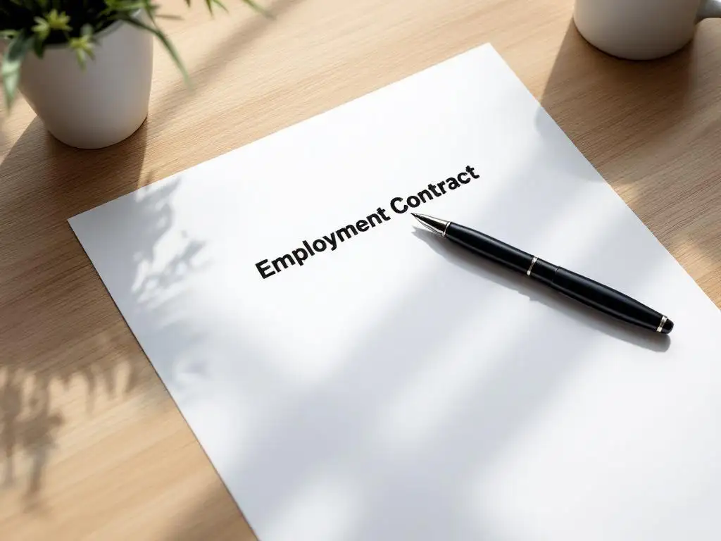 Arbeidscontract op houten bureau met zwarte pen, natuurlijk licht, professionele zakelijke sfeer