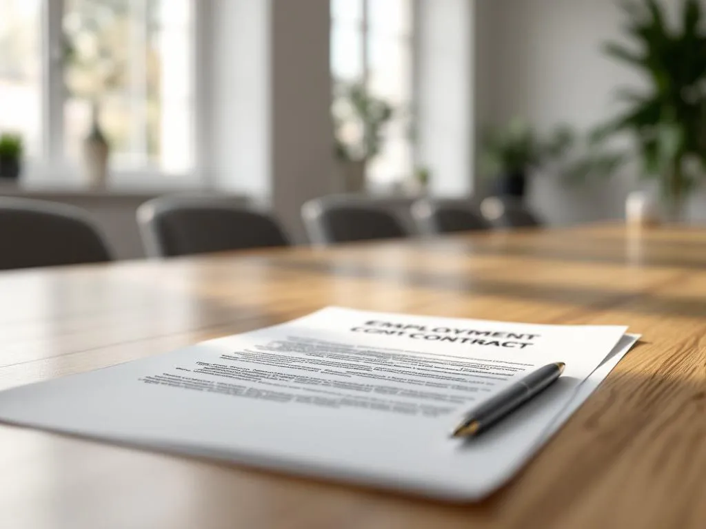 Open arbeidscontract op houten vergadertafel met zilveren pen, kantooromgeving met natuurlijk licht door ramen