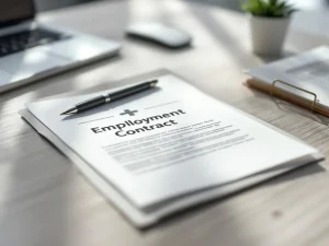 Open arbeidscontract op professioneel bureau met pen, medische map en natuurlijk licht door raam