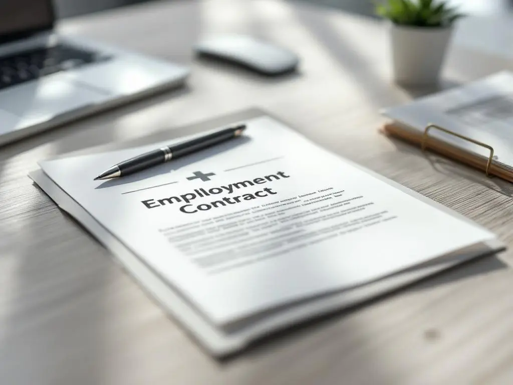 Open arbeidscontract op professioneel bureau met pen, medische map en natuurlijk licht door raam