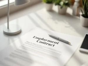 Arbeidscontract op modern kantoorbureau met zilveren pen, bureaulamp en natuurlijk licht in professionele setting