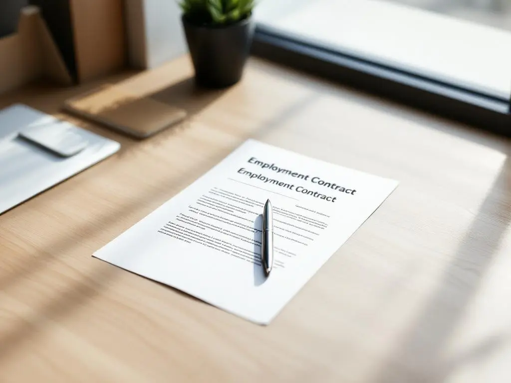 Arbeidscontract op modern bureau met zilveren pen, natuurlijk licht, professionele kantooromgeving