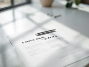 Arbeidscontract op wit bureau met zilveren pen, natuurlijk licht, professionele kantooromgeving