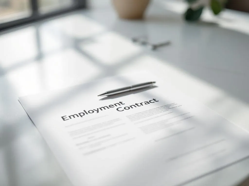 Arbeidscontract op wit bureau met zilveren pen, natuurlijk licht, professionele kantooromgeving