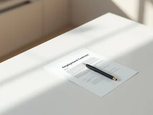 Arbeidscontract op wit bureau met zwarte pen, professionele kantooromgeving met natuurlijk licht