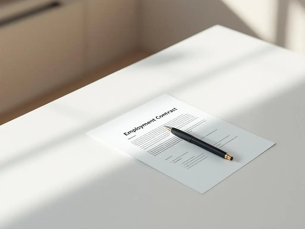 Arbeidscontract op wit bureau met zwarte pen, professionele kantooromgeving met natuurlijk licht